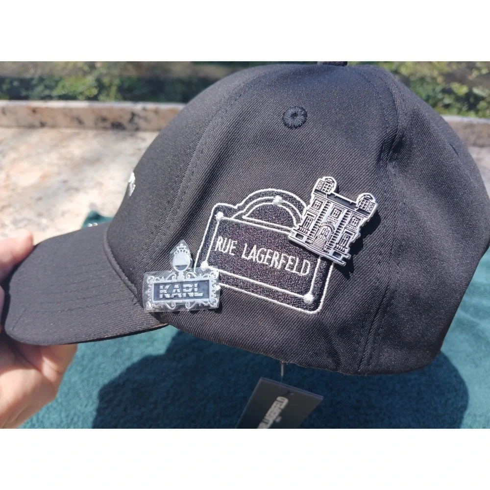 Karl Lagerfeld Hat Cap‎ Womens Black Baseball Rhinestone Pin Bling Designer New